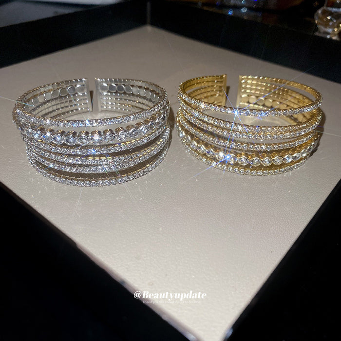 Wide Multirow Round Crystal Open Cuff In Gold Or Silver Tone