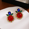Ornate Red and Green Round Center Leaf Statement Stud Earrings view 4
