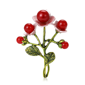 Red Bead Flower Branch Brooch With Pink Petals and Green Leaves