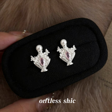 Silver Perfume Bottle Stud Earrings Pink Crystal Pearl Cap