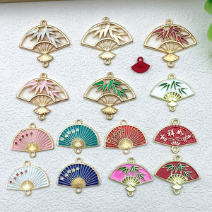 Chinese Folding Fan Enamel Charms in Gold Tone, 48 Color Choices
