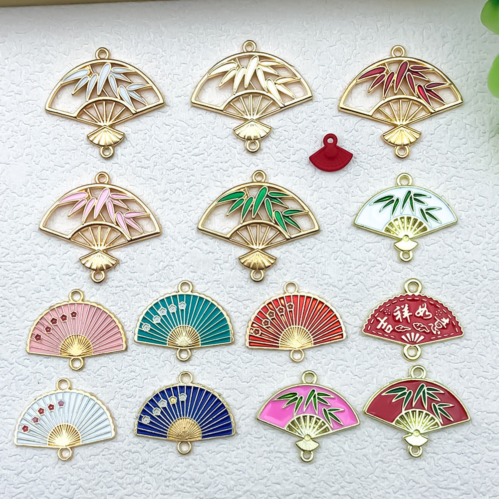 Enamel Zinc Alloy Fan Bamboo Leaf Tassel Charm Pendant for DIY Handmade Jewelry