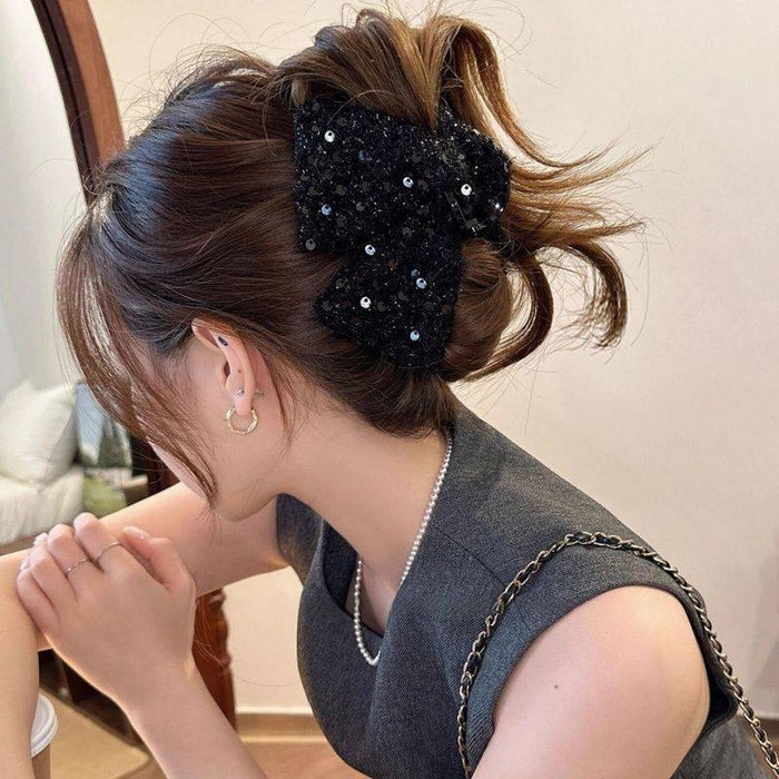 Black Sequin Tweed Triangle Bow Large Hair Claw Clip