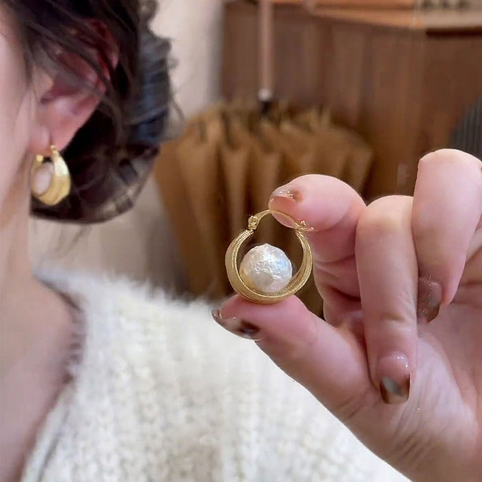 Gold Tone Round Faux Pearl Button Style Clip Earrings