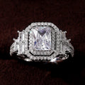 Silver-Tone Rectangular Halo Crystal Ring With Baguette Accents view 2