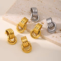 Triple Ribbed C-Shape Linked Circle Drop Earrings Gold Steel view 2