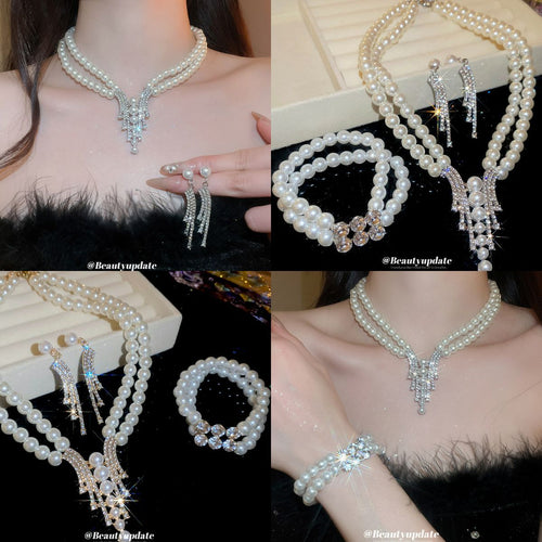 Collage of pearl V-necklace rhinestone tassel earrings and stretch bracelet worn and displayed