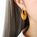 Gold U-Shaped Ribbed Hollow Statement Hoop Earrings view 6