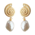 Gold Spiral Shell Stud Baroque White Pearl Drop Earrings view 5