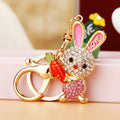 Jeweled Rabbit Holding a Carrot Keychains in Pink Red and Blue view 3
