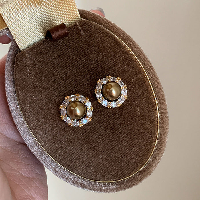 Brown Pearl Crystal Halo Floral Stud Earrings Fashion Earrings