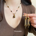 Tiger Eye Gourd Necklace Cord Bead Collar Gold Tassel Hoops view 3