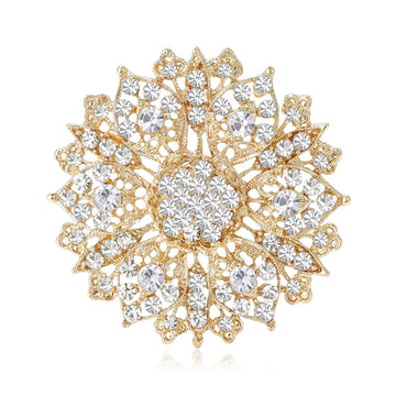 Hollow Rhinestone Flower Brooch Gold Silver Blue Brown Pin