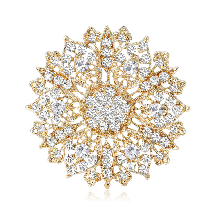 Hollow Rhinestone Flower Brooch Gold Silver Blue Brown Pin