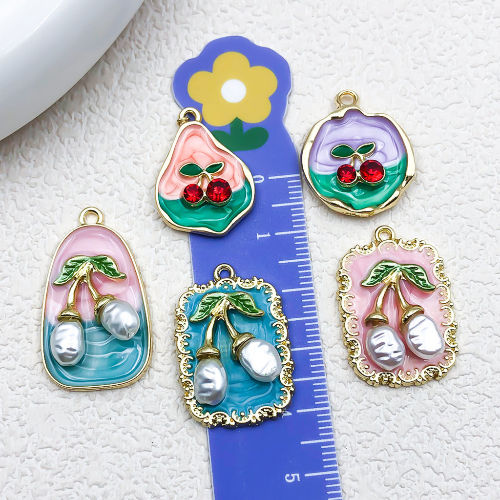 Zinc Alloy Enamel Pearl Cherry Charm Pendant for DIY Necklace Bracelet Earrings