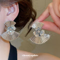 Pleated Fan Flower Stud Earrings in Gold Tone or Silver Tone view 3