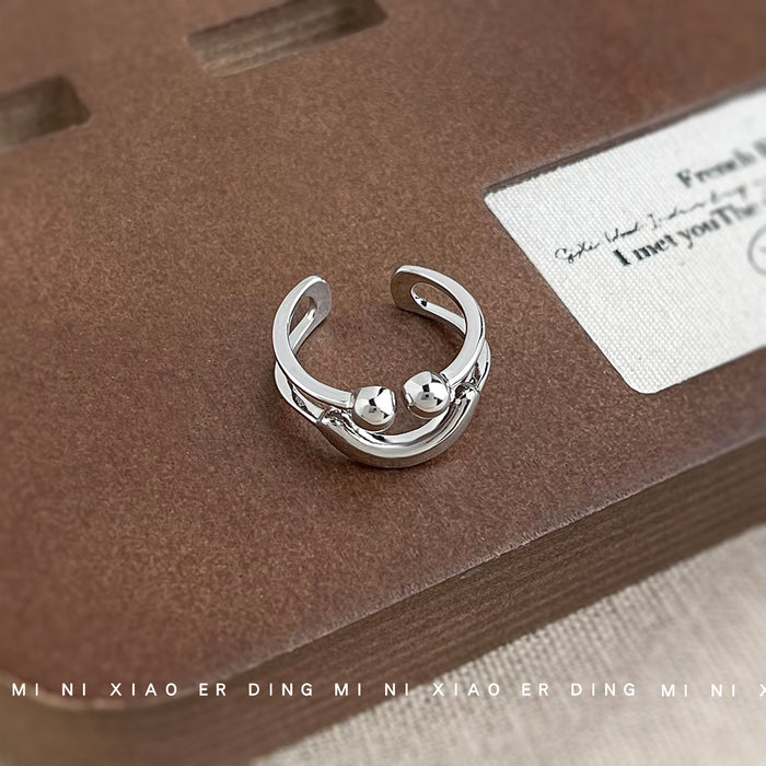 Silver Open Adjustable Smile Ring Dual Ball Accents