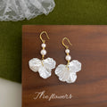 Gold Hook Double Pearl White Shell Petal Drop Earrings view 4