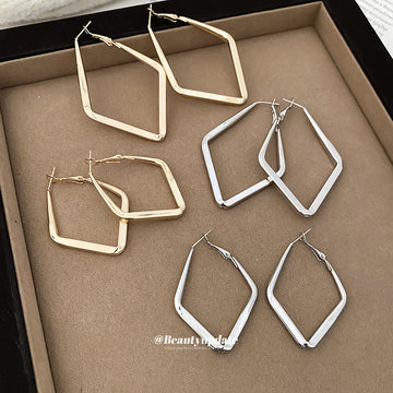 Angular Diamond Shaped Hoop Earrings In Two Sizes Matching Jewelry Pair