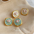 Gold Square Flower Pearl Stud Earrings Matte White Green view 2