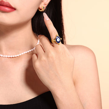 Blue Evil Eye Open Ring Gold Tone Triple Band Ball Accents