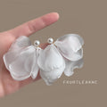 White Mesh Flower Pearl Stud Drop Earrings Sheer Petals view 4