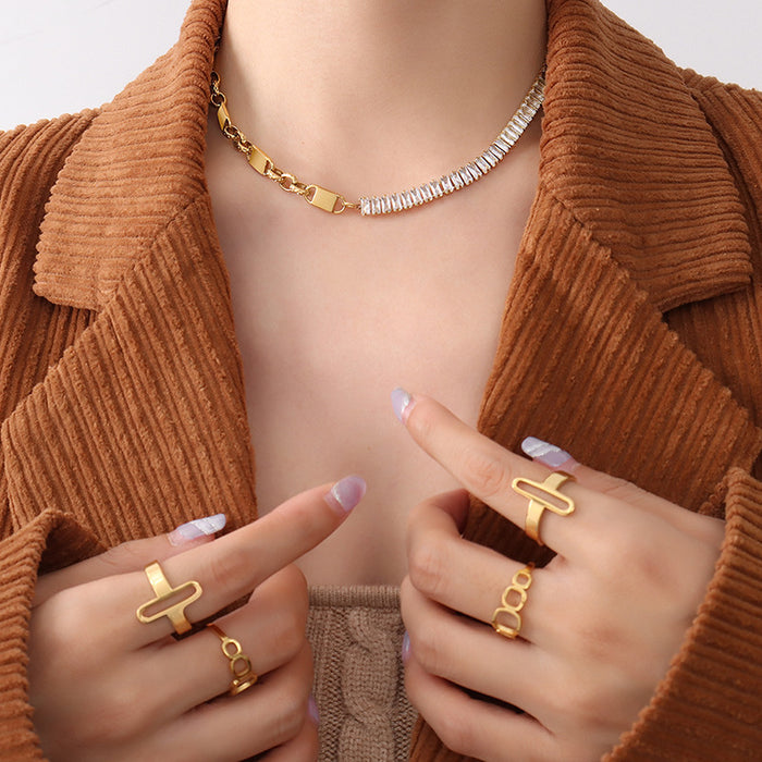 Baguette Zircon Link Splice Necklace and Bracelet Gold Steel