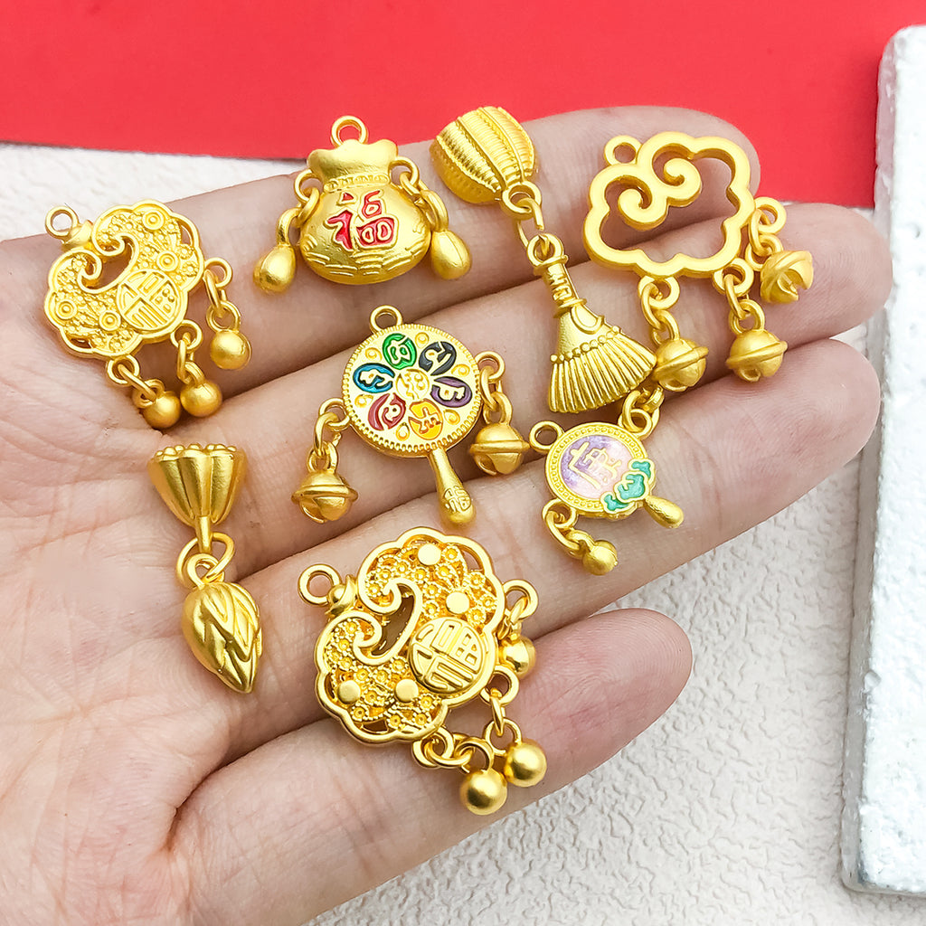 Antique Gold Zinc Alloy Longevity Lock Rattle Drum Lotus Charm Pendant for DIY Jewelry