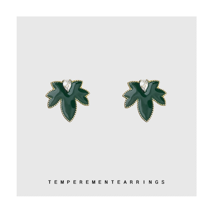 Dark Green Enamel Maple Leaf Earrings Gold Beaded Edge Crystal