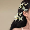 White Fabric Lily Green Butterfly Duckbill Hair Clip Single view 4
