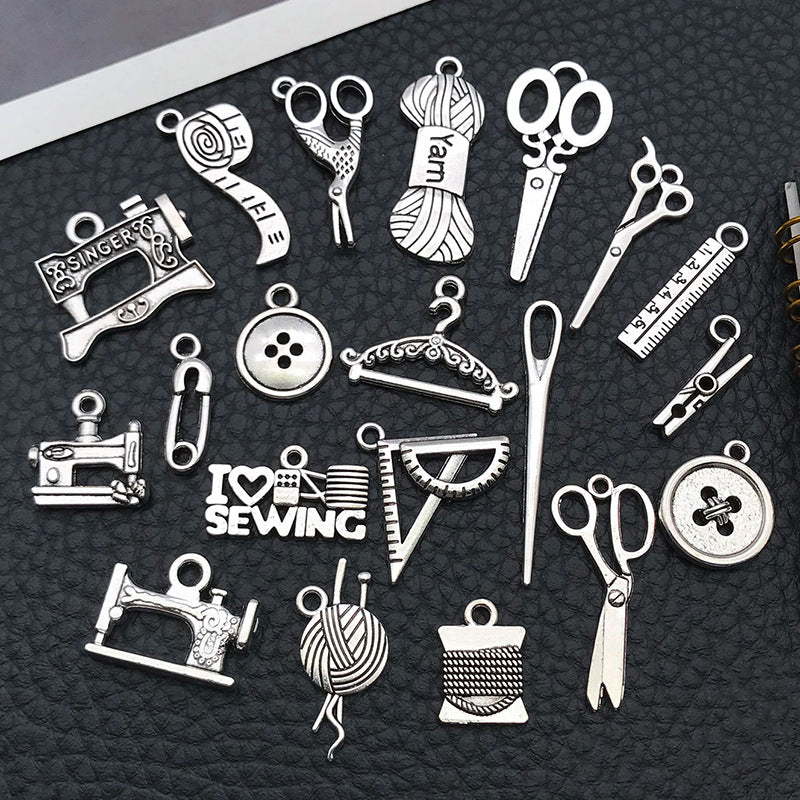 Antique Silver Zinc Alloy Sewing Machine Scissors Button Needle Charm Pendant for DIY Jewelry