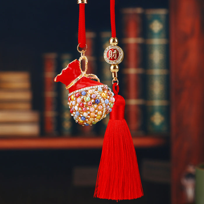 Jeweled Treasure Bag Car Hangers in Five Color Treatments with Red Tassels