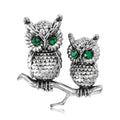 Two Textured Owl Branch Brooch With Green Crystal Eyes view 2