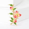 Pink Enamel Peach Fruit Branch Brooch With Glossy Green Leaves view 4
