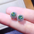 Silver Tone Blue Green Round Crystal Stud Earrings view 2