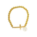 Gold Bead Stretch Bracelet Flat Cross and Round Disc Charm view 5