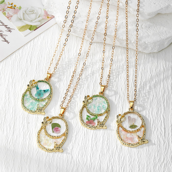 Gold Tone Oval Pressed Flower Frame Pendant Necklaces