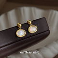 Gold Ball Post White Oval Cabochon Drop Earrings Pair view 3