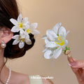 White Fabric Lily U Pin Hair Accessory Gold Tone Prongs view 1
