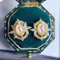 Gold Tone Oval Moonstone Marquise Halo CZ Stud Earrings view 2