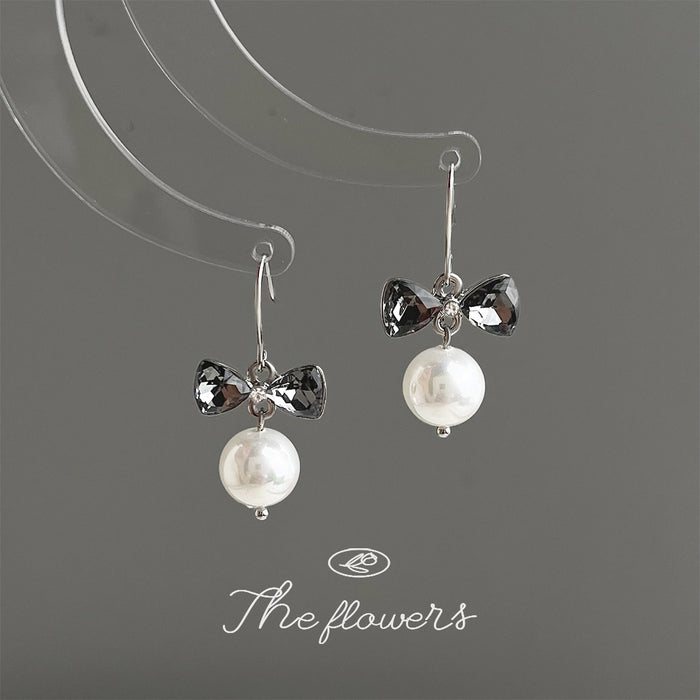 Silver Grey Crystal Bow Glass Pearl Drop Hook Earrings