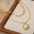 Gold Double Layer Paperclip Box Chain Faux Pearl Pendant Necklace view 3