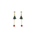 Green Christmas Tree Red Bead Long Dangle Stud Earrings view 5