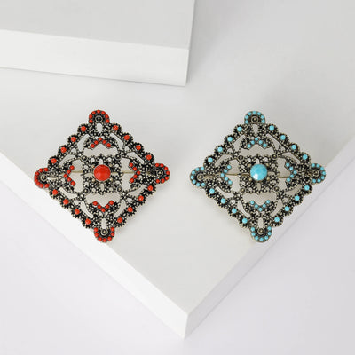 Antique Silver Tone Filigree Square Floral Brooch in Blue and Red grouped product view