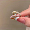 Pink White Enamel Open Ring Rectangular Clear Stone view 4