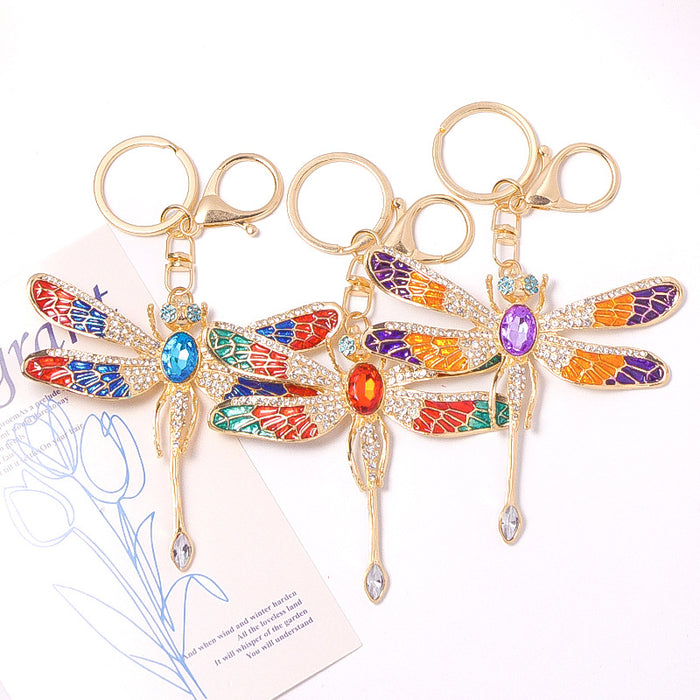 Enamel Rhinestone Dragonfly Keychain Gold Three Wing Colors