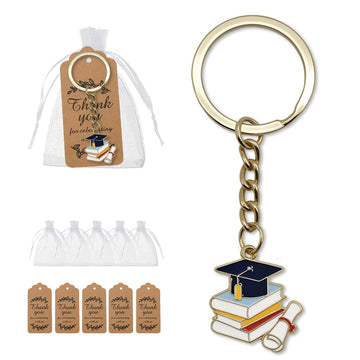 Gold Enamel Grad Cap Book Stack Diploma Keychain Charm