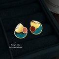 Gold Tone Teal Rust And Clear Stone Abstract Geometric Stud Earrings view 1