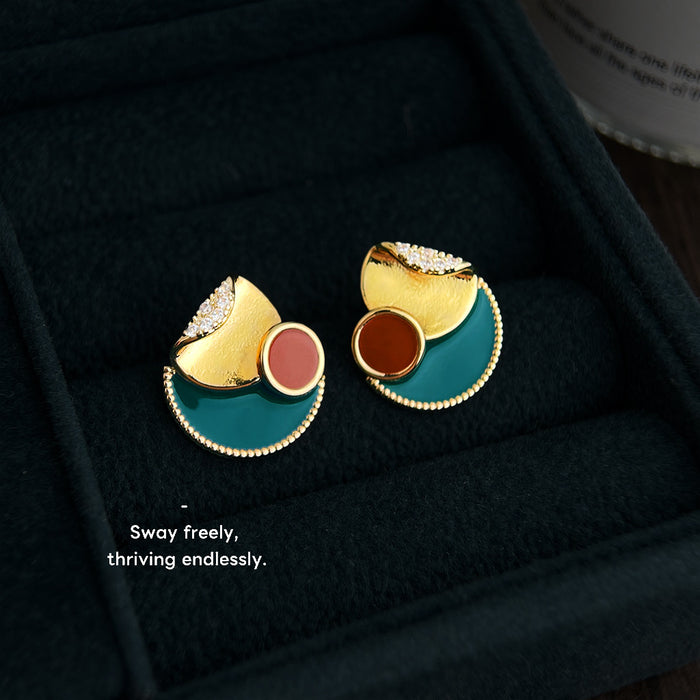 Gold Tone Teal Rust And Clear Stone Abstract Geometric Stud Earrings