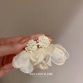 Fabric Petal Flower Stud Earrings in Yellow and Ivory view 7